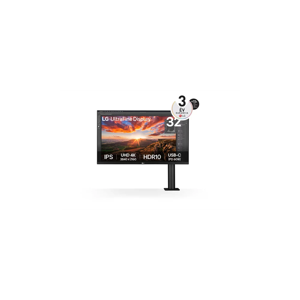LG Monitor 32" Ergonomic - 32UN880K-B (IPS; 16:9; 4K 3840x2160; 5ms; 350cd; HDMIx2; DP; USB-C; Hangszóró, Pivot)