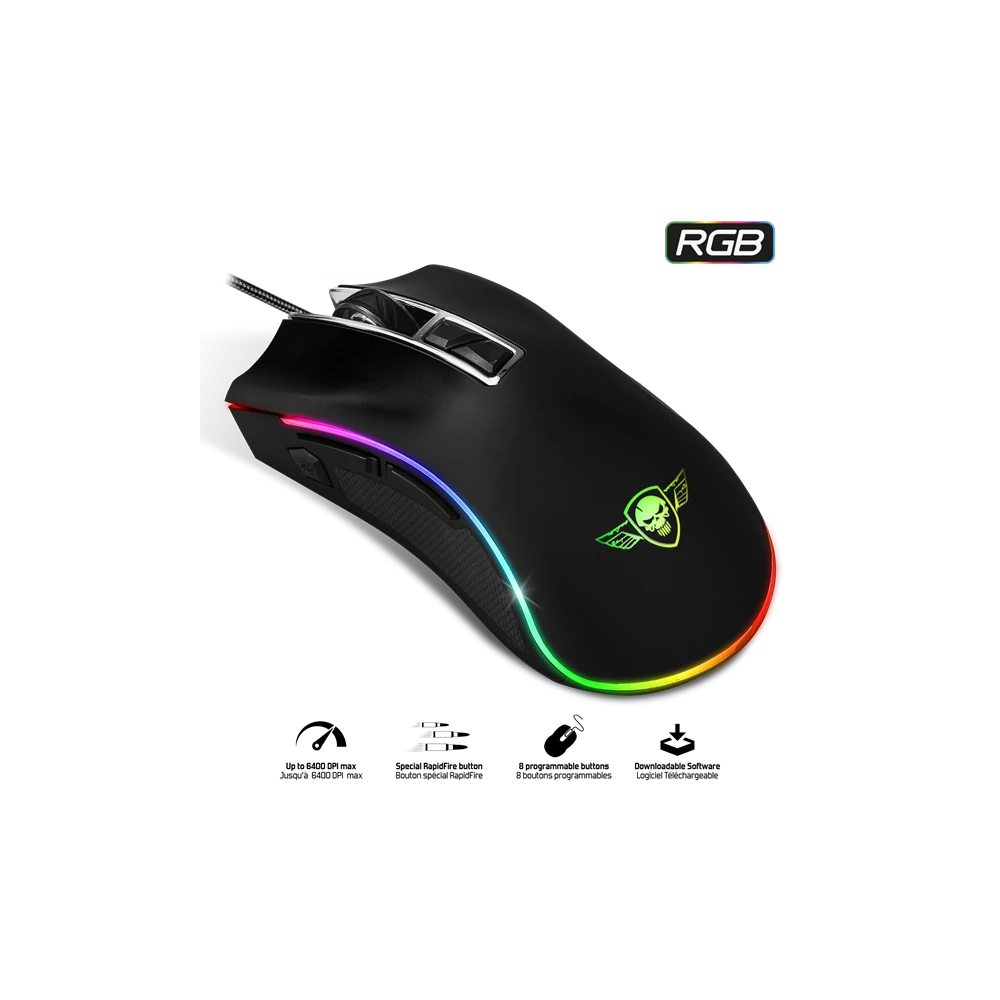 Spirit of Gamer Egér - PRO-M6 RGB (4800DPI, 500Hz, 8 programozható gomb, RGB LED, 1,8 m harisnyázott kábel, fekete)