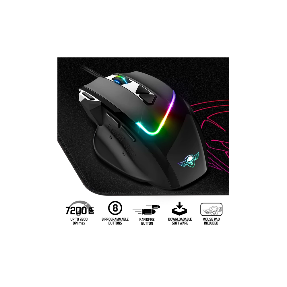 Spirit of Gamer Egér - PRO-M3 RGB (Optikai, 7200DPI, 8 gomb, harisnyázott kábel, fekete) + egérpad