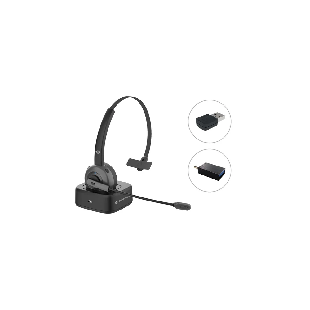 Conceptronic Vezeték nélküli Fejhallgató - POLONA03BDA (BT+ USB adapter, hangerőszabályzó, felhajtható mikrofon, fekete)