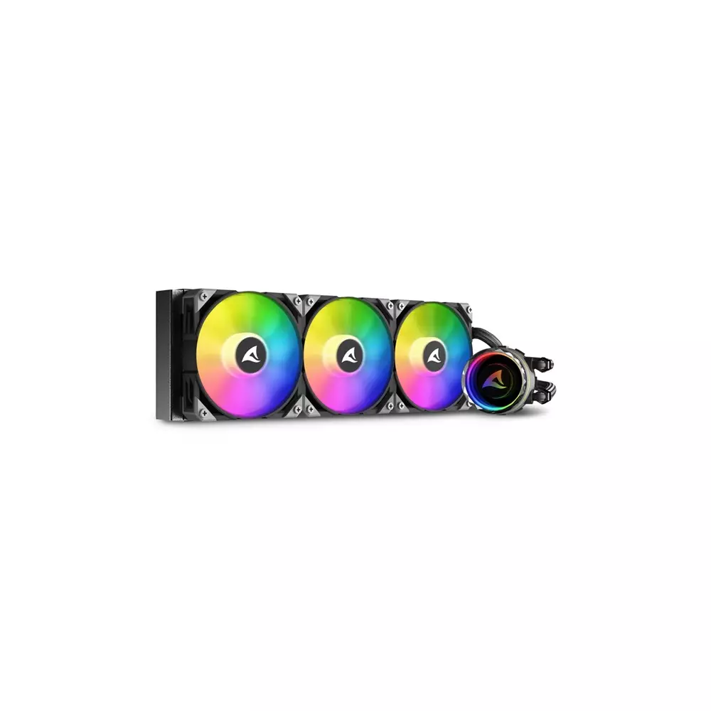 Sharkoon CPU Water Cooler - S90 RGB AIO 360 mm (max. 35 dB (A); max. 131.93 m3/h; 3x12cm, A-RGB LED, fekete)