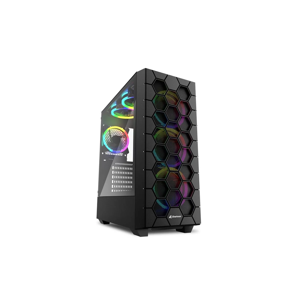 Sharkoon Számítógépház - RGB HEX (fekete; alsó táp; ATX,mATX; mITX; 6x120mm RGB LED; 2xUSB3.0 + 2xType-C Gen 2; I/O)