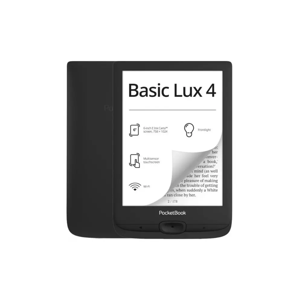 POCKETBOOK e-Reader - PB618 BASIC LUX4 Fekete (6" E-Ink Carta, Cpu: 1GHz, 512MB, 8GB, 1300mAh, wifi, USB-C, mSD olvasó)