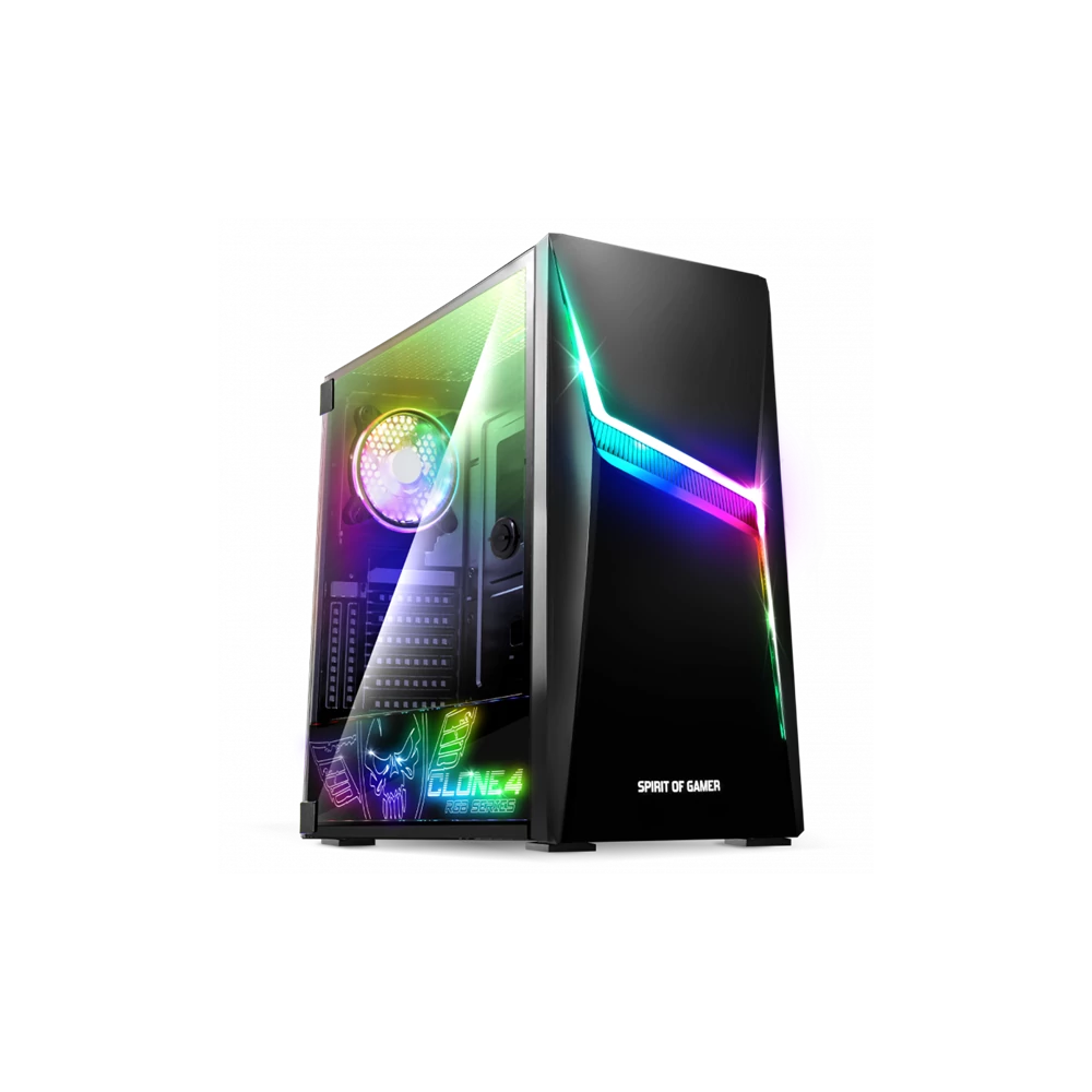 Spirit of Gamer Számítógépház - CLONE 4 Black (fekete, ablakos, 2x12cm ventilátor, alsó táp,  ATX, 1xUSB3.0, 2xUSB2.0)