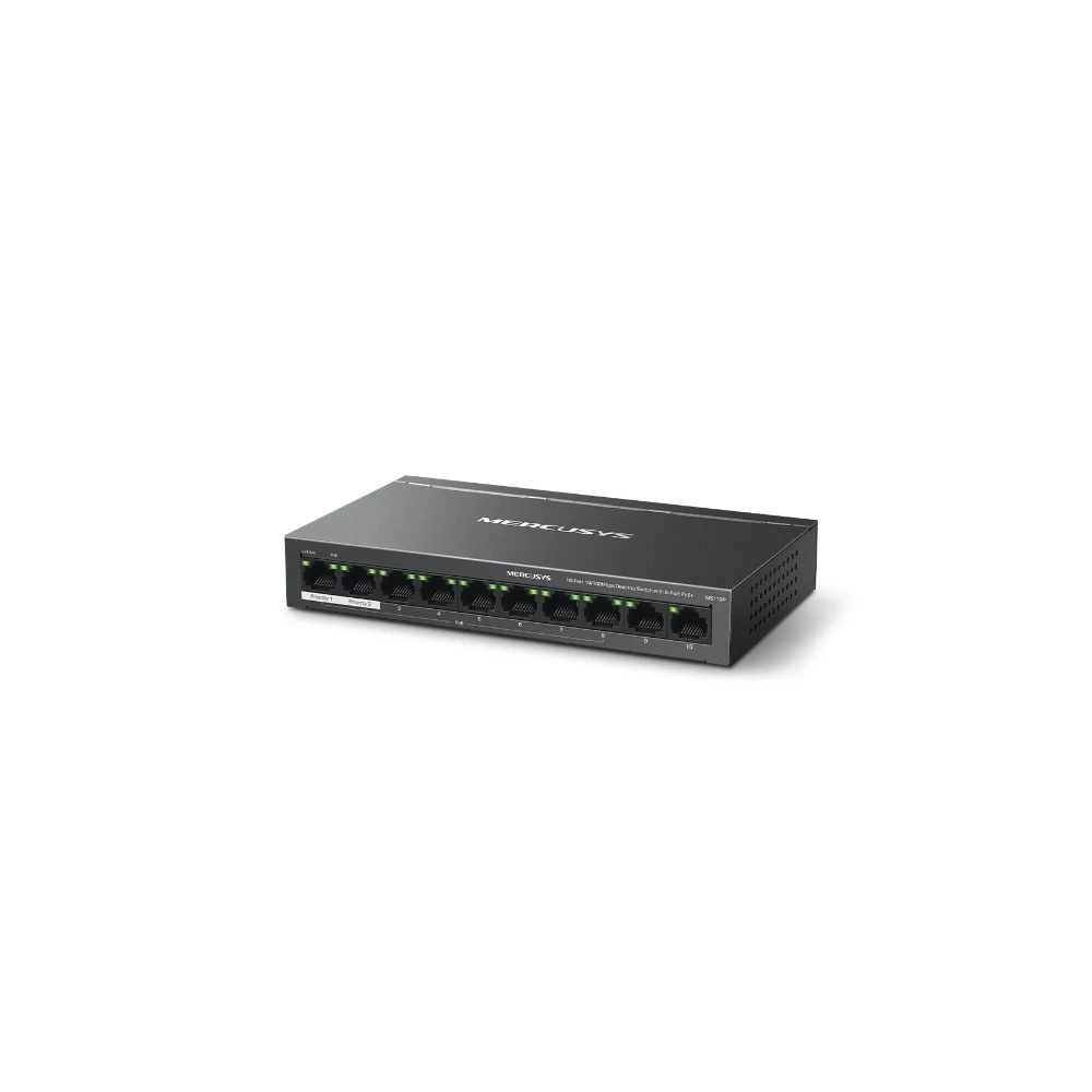 Mercusys Switch  PoE - MS110P (10 port 100Mbps; 8 af/at PoE+ port; 65W; 250m; fém ház)