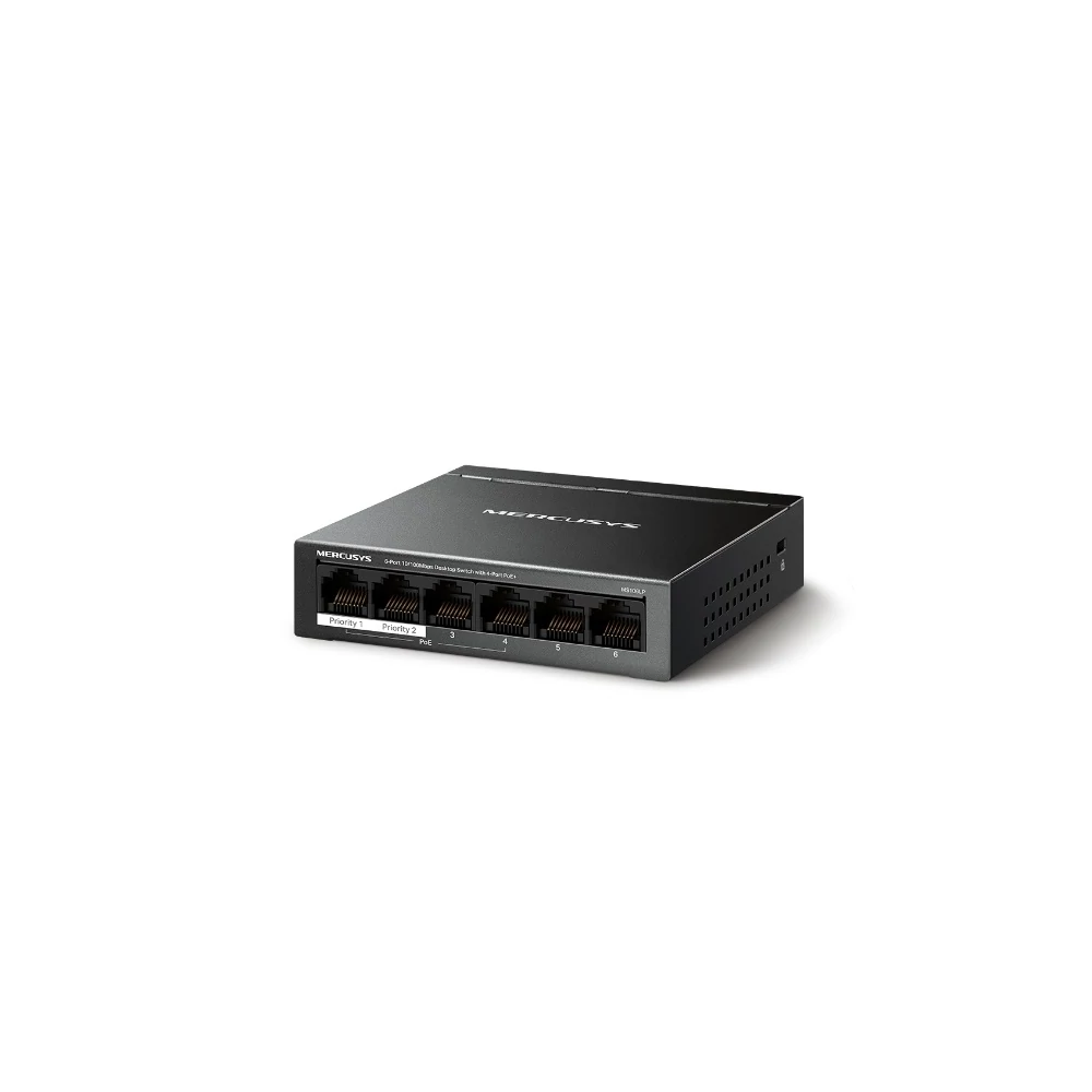 Mercusys Switch  PoE - MS106LP (6 port 100Mbps; 4 af/at PoE+ port; 40W; 250m; fém ház)