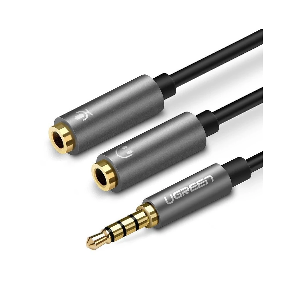 UGREEN AUX audio elosztó 3,5 mm-es mini jack kábel (male) fejhallgatóhoz + mikrofonhoz (female), 20 cm (fekete-szürke)