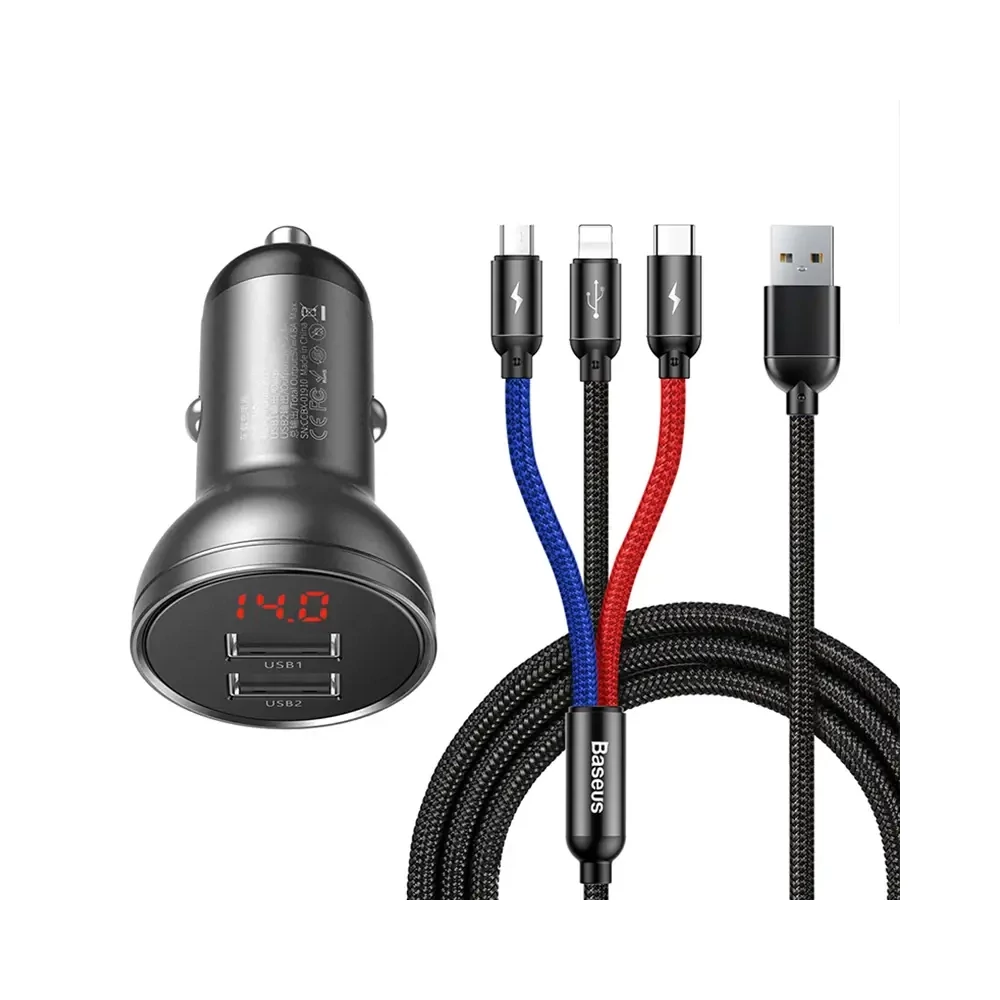 Baseus autós töltő 24 W-os kijelzővel + 3 az 1-ben Baseus három színű 1,2 m-es USB kábel