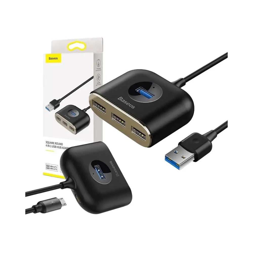Baseus Square Round 4 az 1-ben hordozható adapter, 1x USB 3.0 + 3x USB 2.0, 1 m (fekete)
