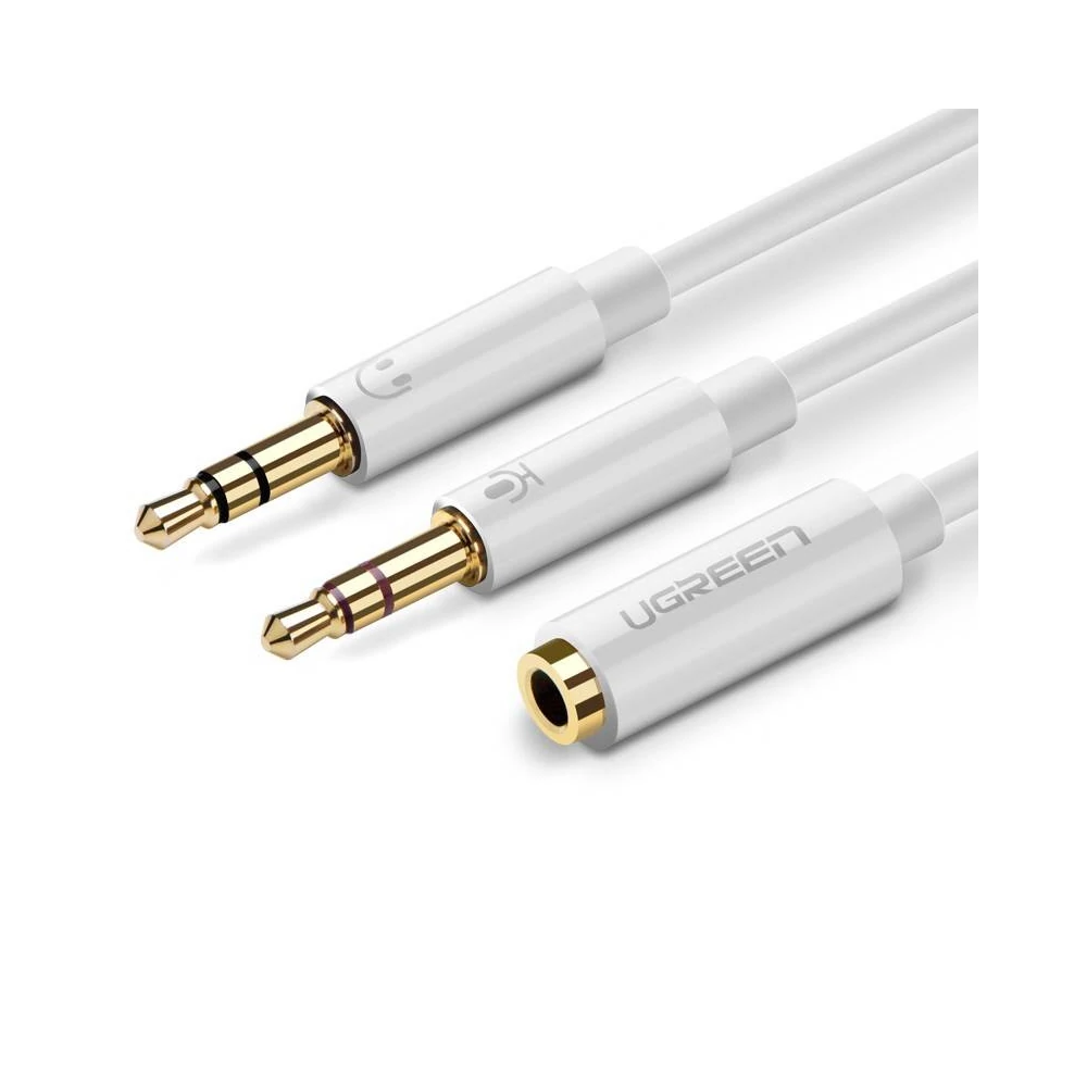 UGREEN AV140 Audio elosztó, AUX fejhallgató + mikrofon 3,5 mm-es mini jack kábel, 28 cm, ABS (fehér)