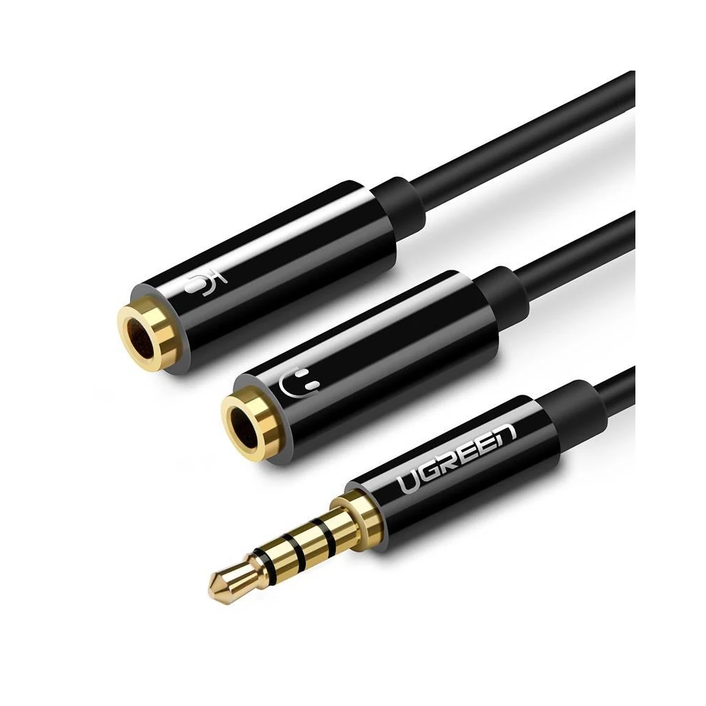 UGREEN AV141 AUX audio elosztó 3,5 mm-es mini jack kábel (dugós) a fejhallgatóhoz + mikrofon (anya), 20 cm (fekete)