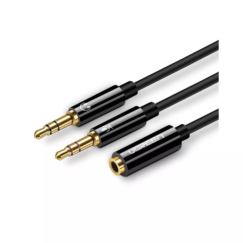 UGREEN AV140 Audio elosztó, AUX fejhallgató + mikrofon 3,5 mm-es mini jack kábel, ABS, 20cm (fekete)