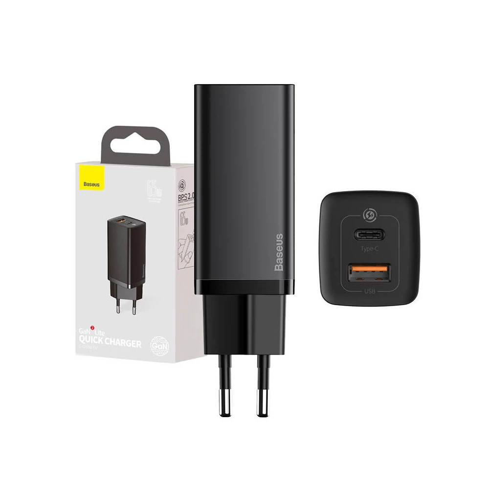 Baseus GaN2 Lite fali töltő, USB + USB-C, 65 W, EU (fekete)