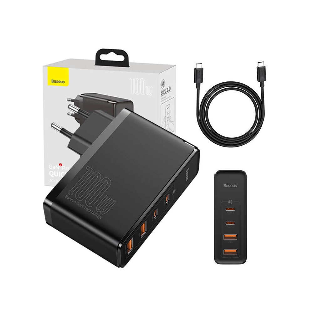 Baseus GaN2 Pro fali töltő, 2x USB + 2x USB-C, 100W, EU (fekete)
