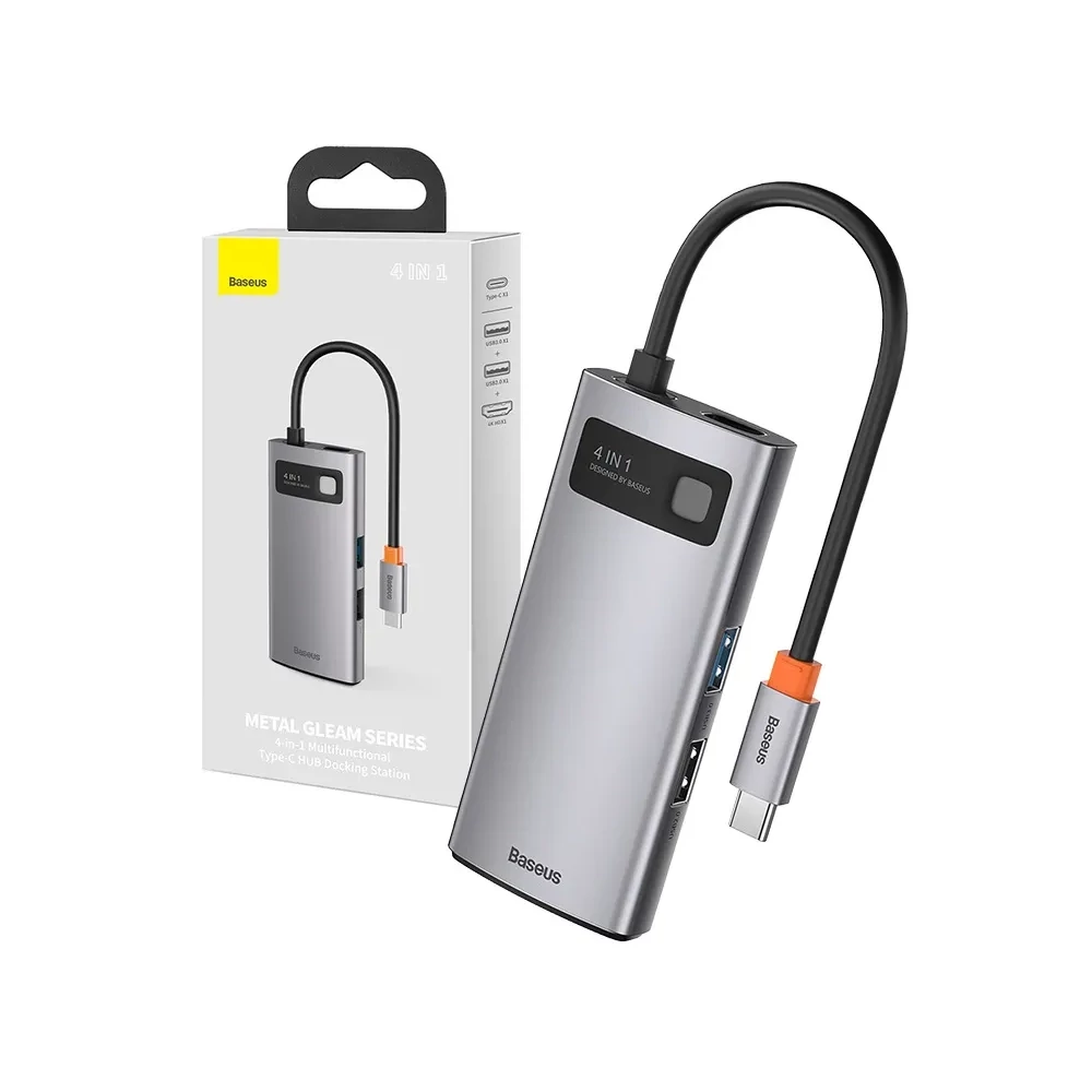 Baseus Metal Gleam Series 4 az 1-ben hub, USB-C - USB 3.0 + USB 2.0 + HDMI + USB-C PD (szürke)