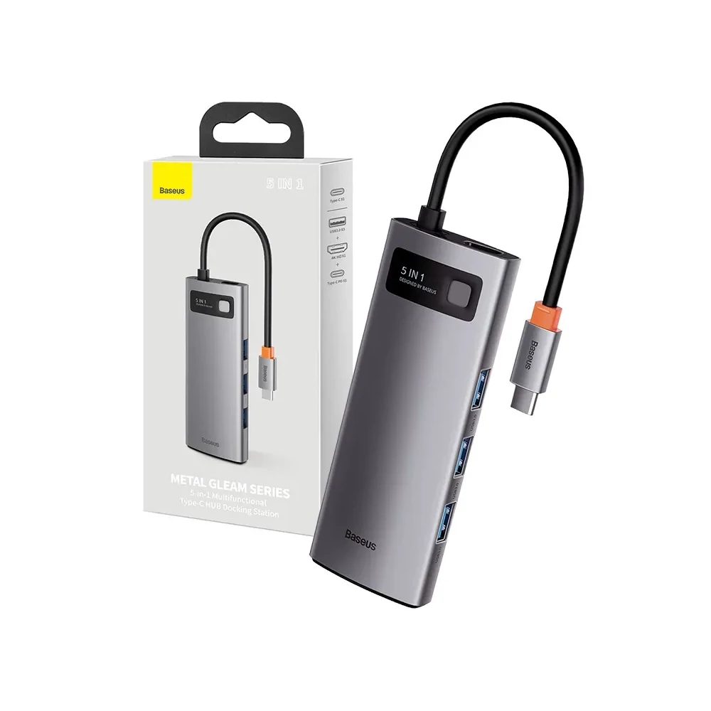 Baseus Metal Gleam Series 5 az 1-ben hub, USB-C - 3x USB 3.0 + HDMI + USB-C PD (szürke)