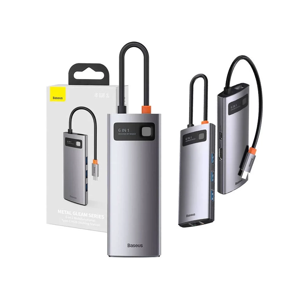 Baseus Metal Gleam Series 6 az 1-ben hub, USB-C - 3x USB 3.0 + HDMI + USB-C PD + Ethernet RJ45 (szürke)