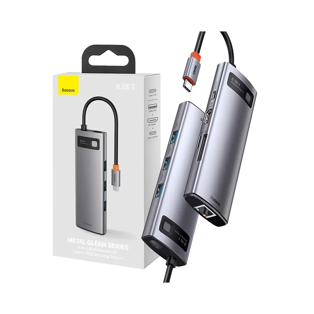 Baseus Metal Gleam Series 8 az 1-ben hub, USB-C - 3x USB 3.0 + HDMI + USB-C PD + Ethernet RJ45 + microSD / SD (szürke)