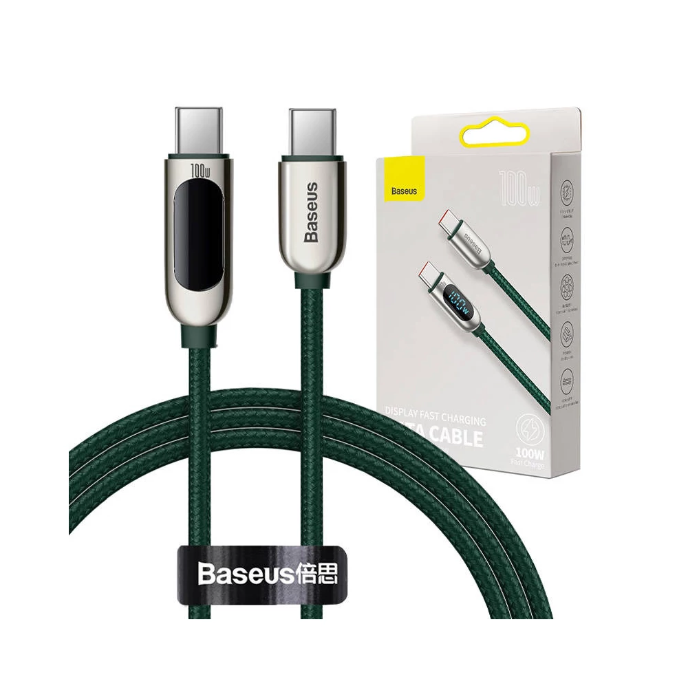Baseus USB-C – USB-C kábel, tápellátás kijelzővel, 100 W, 1 m (zöld)