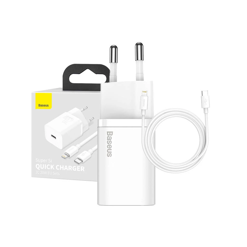 Baseus Super Si gyorstöltő 1C 20W adapter 1 m-es USB-C-Lightning kábellel (fehér)