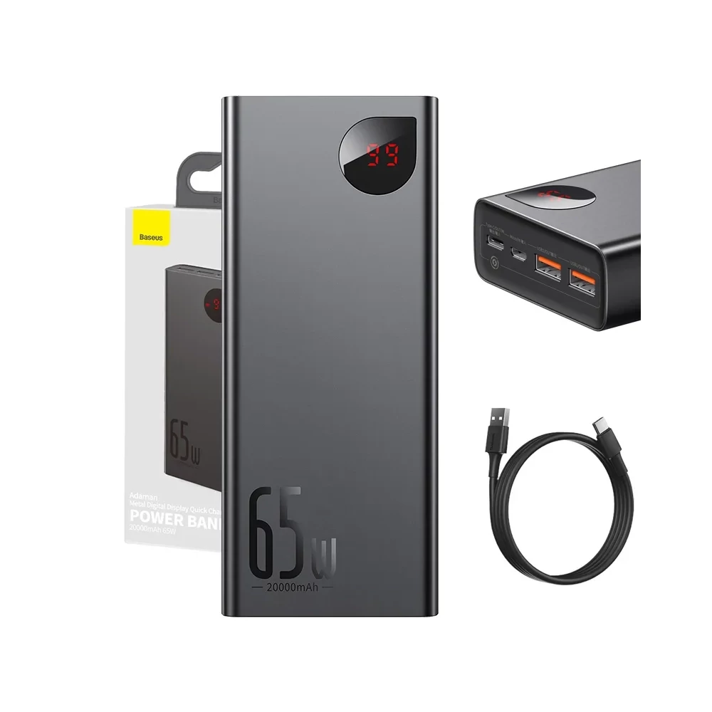 Powerbank Baseus Adaman Metal 20000mAh, PD, QC 3.0, 65W, 2xUSB + USB-C + micro USB, (fekete)