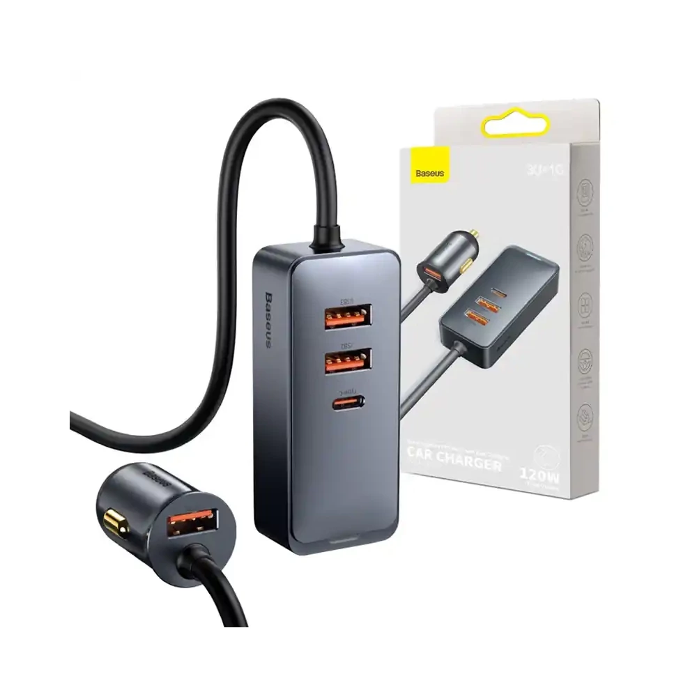 Baseus Share Together autós töltő hosszabbítóval, 3x USB, USB-C, 120W (szürke)