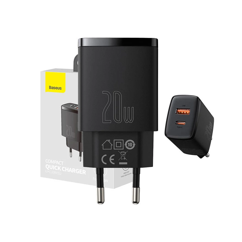 Baseus kompakt gyorstöltő, USB, USB-C, 20 W (fekete)