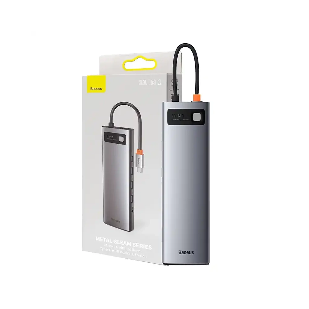 Baseus Metal Gleam Series 11 az 1-ben hub, USB-C - 3x USB 3.0 + 2x HDMI + USB-C PD + Ethernet RJ45 + microSD / SD + VGA + AUX