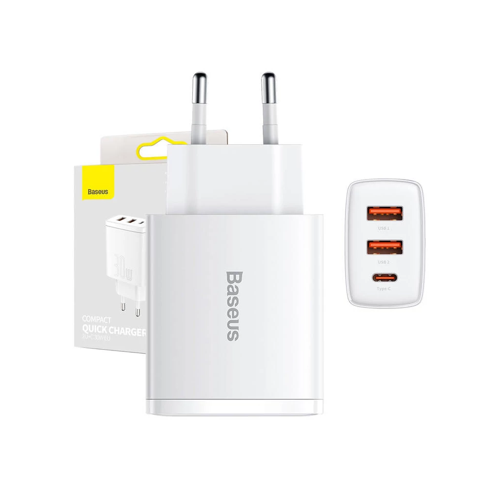 Baseus kompakt gyorstöltő, 2xUSB, USB-C, PD, 3A, 30 W (fehér)