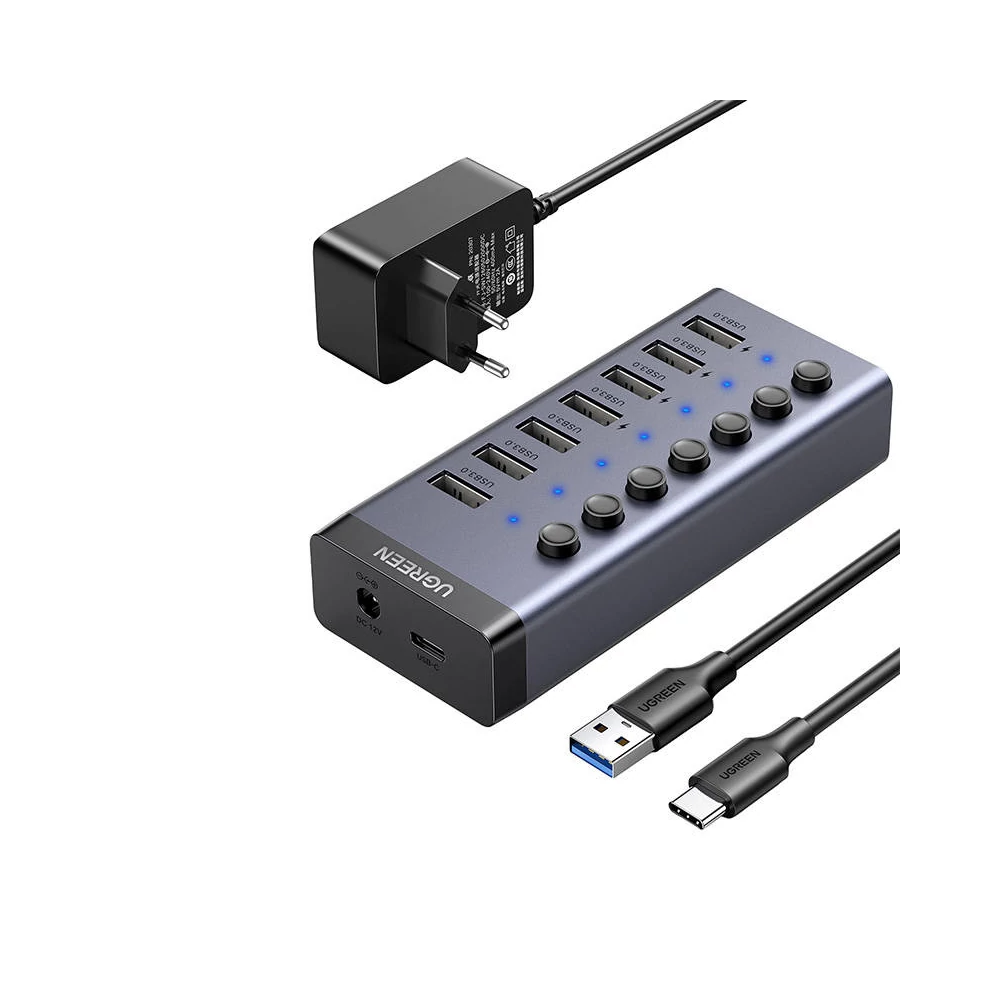 UGREEN 7 az 1-ben USB-C, 7x USB-A 3.0, 12V, 2A  (fekete)