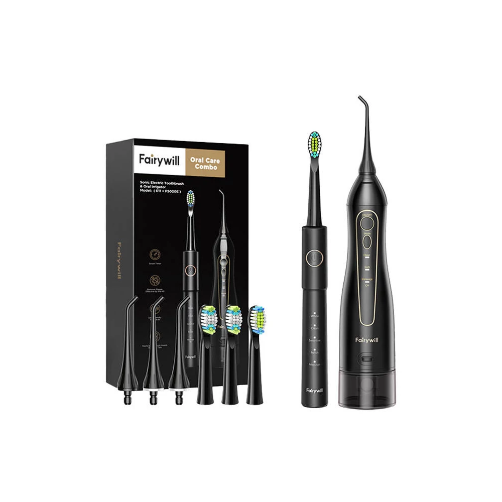 FairyWill FW-5020E + FW-E11 Szónikus fogkefe fejkészlettel és szájzuhannyal (fekete)