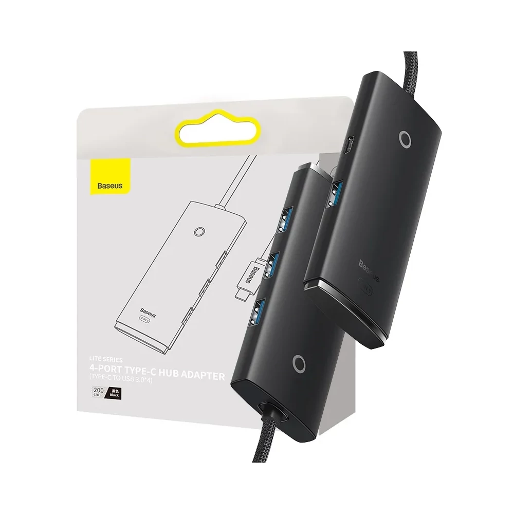 Baseus Lite Series 4 az 1-ben hub, USB-C - 4x USB 3.0 + USB-C, 2m (fekete)