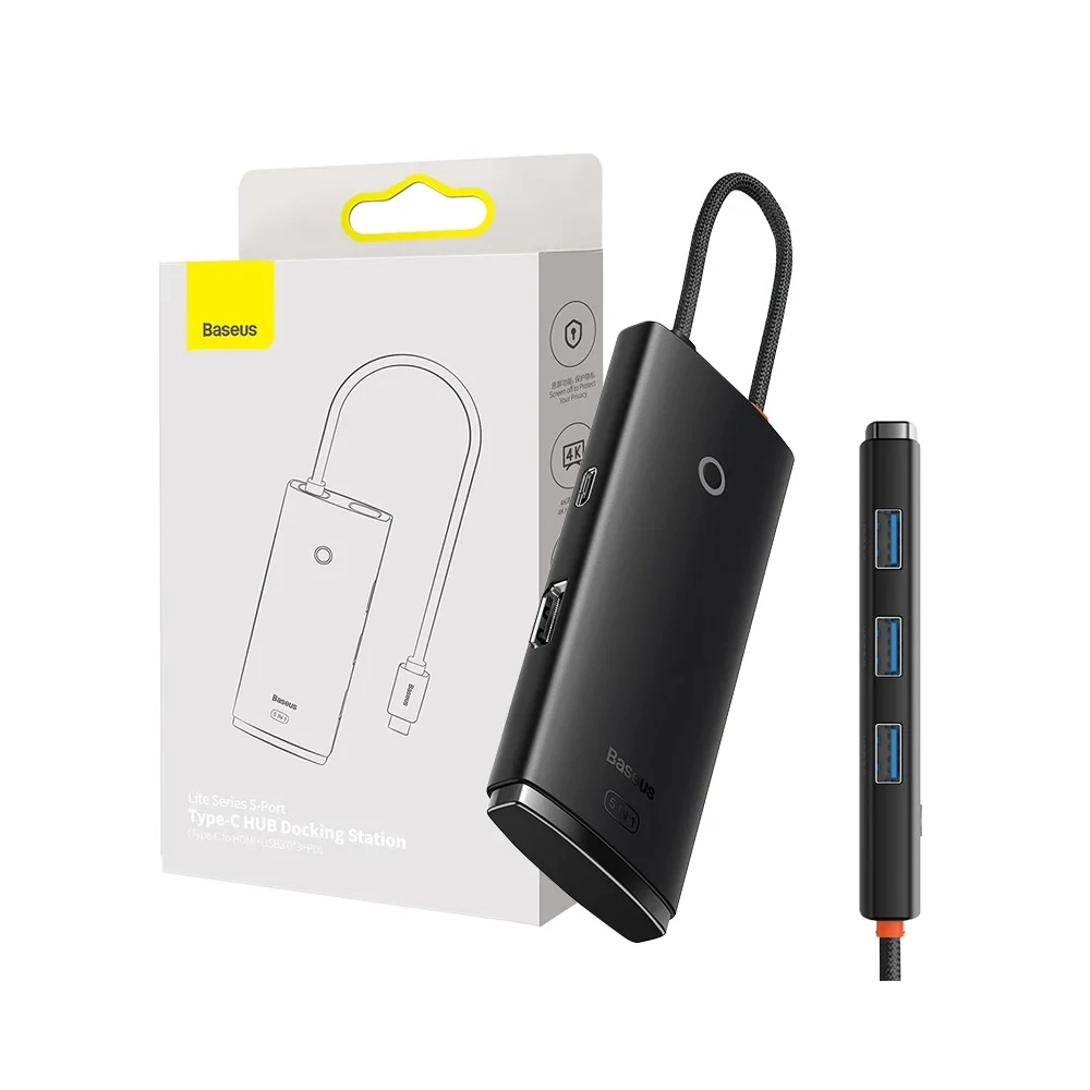 Baseus Lite Series 5 az 1-ben Hub, 3x USB 3.0+USB-C+HDMI (fekete)