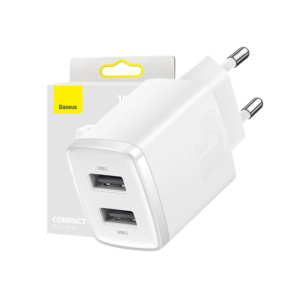 Baseus Compact gyorstöltő, 2x USB, 10.5W (fehér)