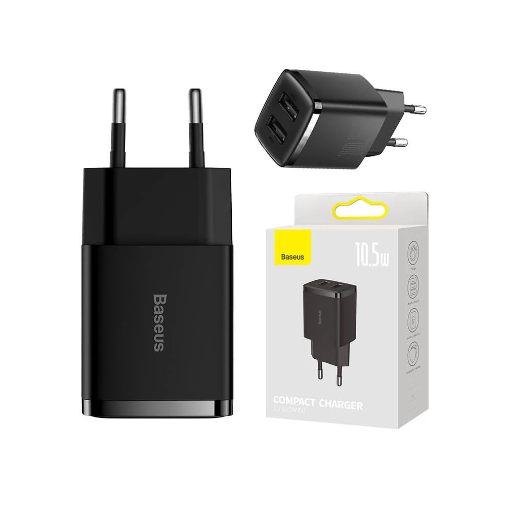 Baseus Compact gyorstöltő, 2x USB, 10.5W (fekete)