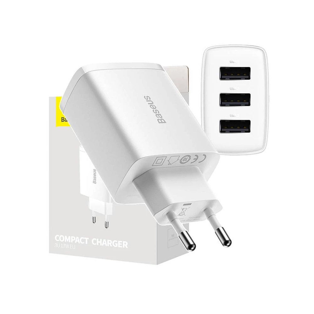 Baseus kompakt gyorstöltő, 3x USB, 17W (fehér)