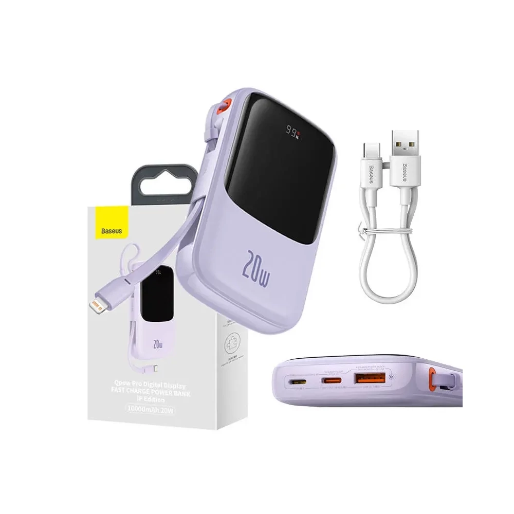 Powerbank Baseus Qpow Pro Lightning kábellel, USB-C, USB, 10000mAh, 20W (lila)