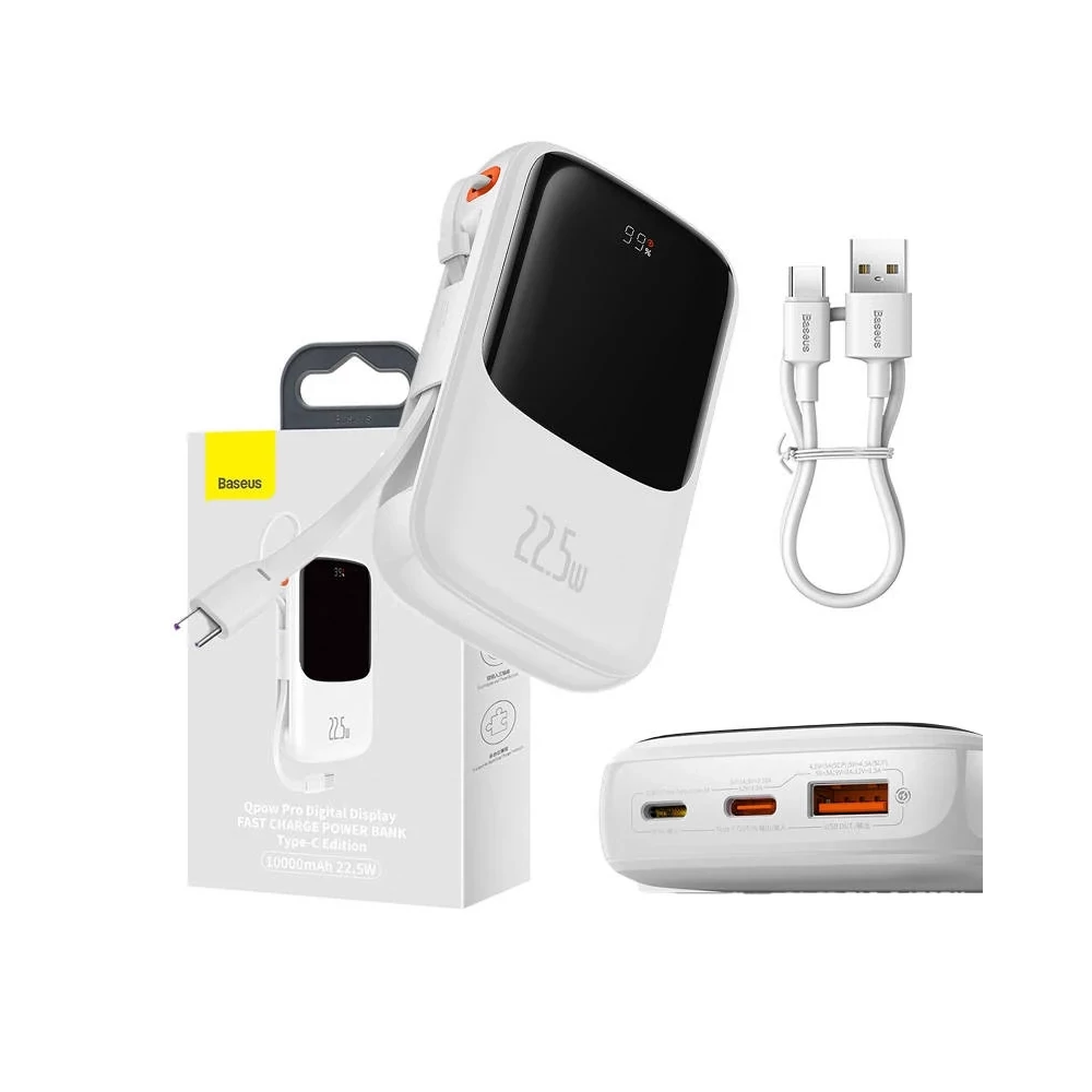 Powerbank Baseus Qpow Pro USB-C kábellel, USB-C, USB, 10000mAh, 22.5W (fehér)