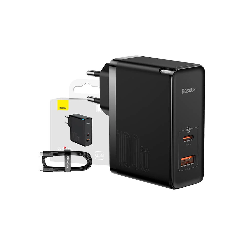 Baseus GaN USB-C + USB fali töltő, 100W + 1m kábel (fekete)