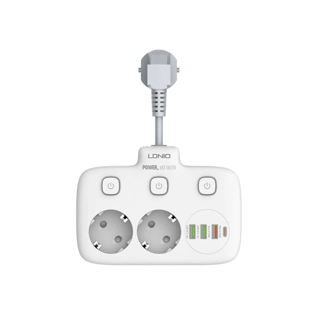 Power strip with 2 AC sockets, 3x USB, USB-C, LDNIO SE2435, 2500W (white)