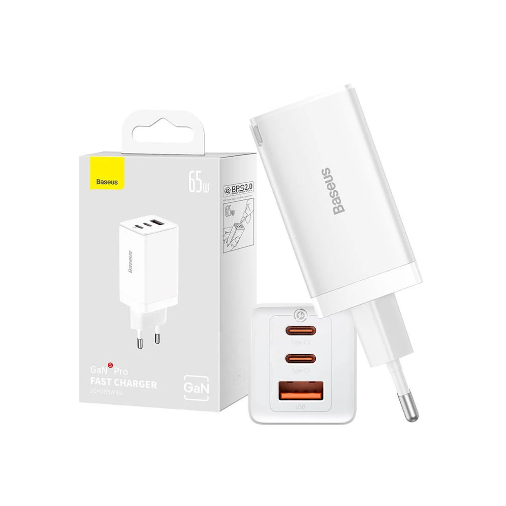 Baseus GaN5 Pro hálozati töltő, 2xUSB-C + USB, 65W (fehér)