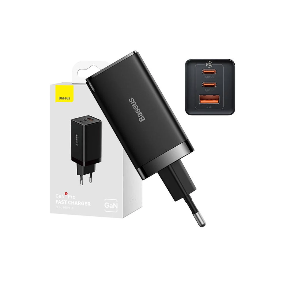 Baseus GaN5 Pro Töltő, 2xUSB-C + USB, 65W (fekete)