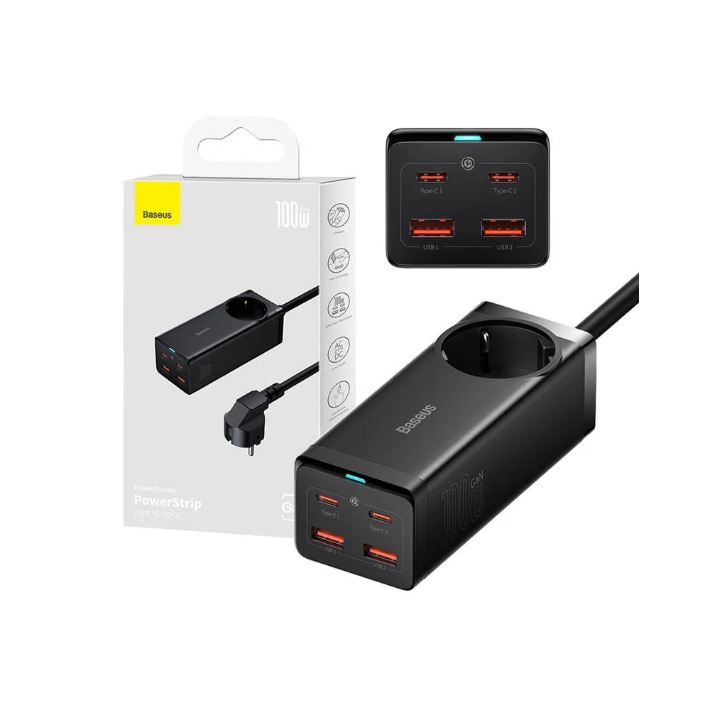 Baseus GaN3 Pro Töltő / elosztó, 2xUSB + 2xUSB-C + AC, 100W (fekete)