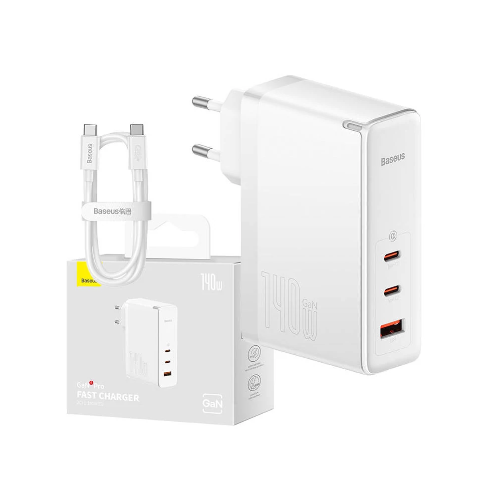 Baseus GaN5 Pro Gyorstöltő, 2xUSB-C + USB, 140W (fehér)