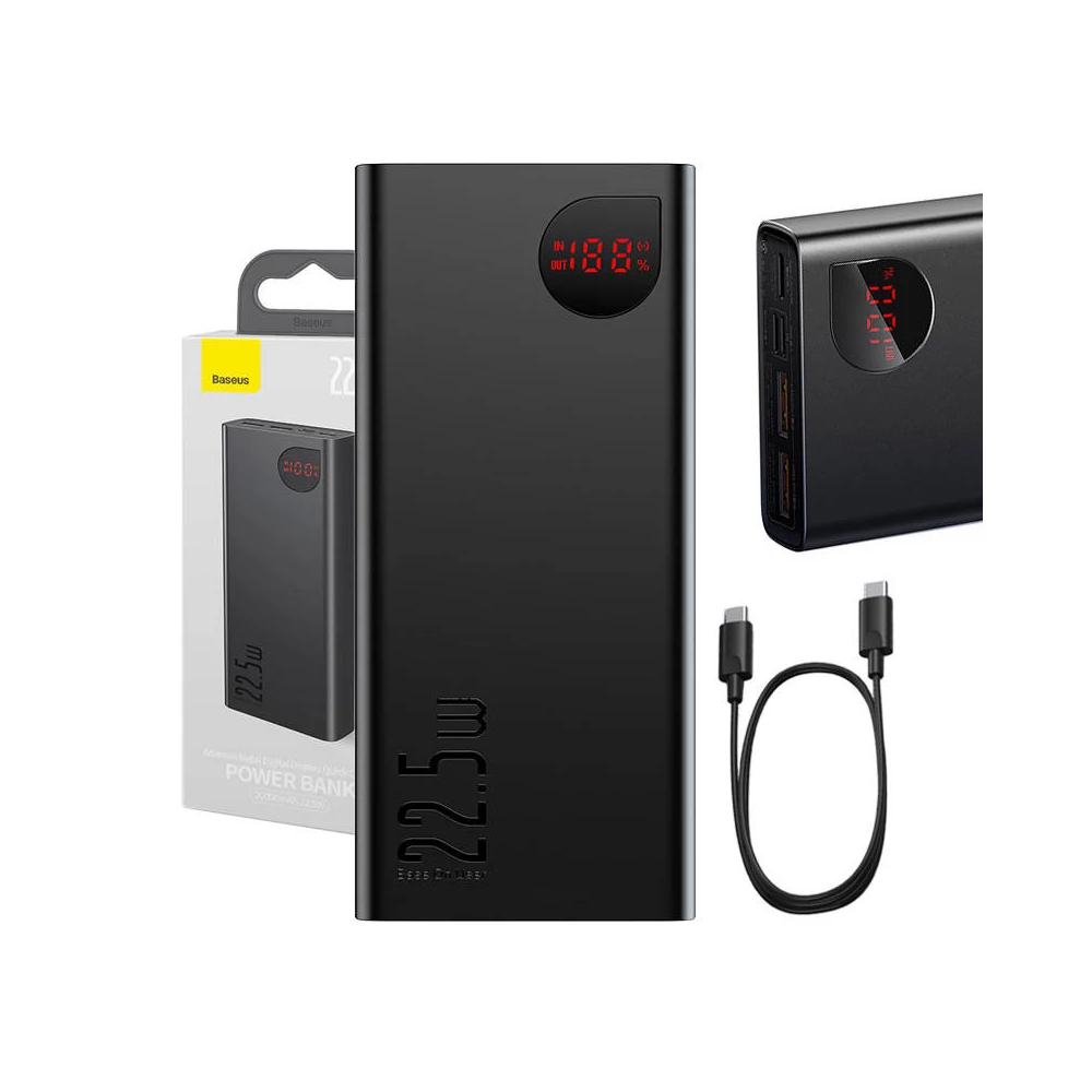 Baseus Adaman Metal Powerbank, 20000mAh, 2xUSB, USB-C, Lightning, microUSB  22.5W (fekete)