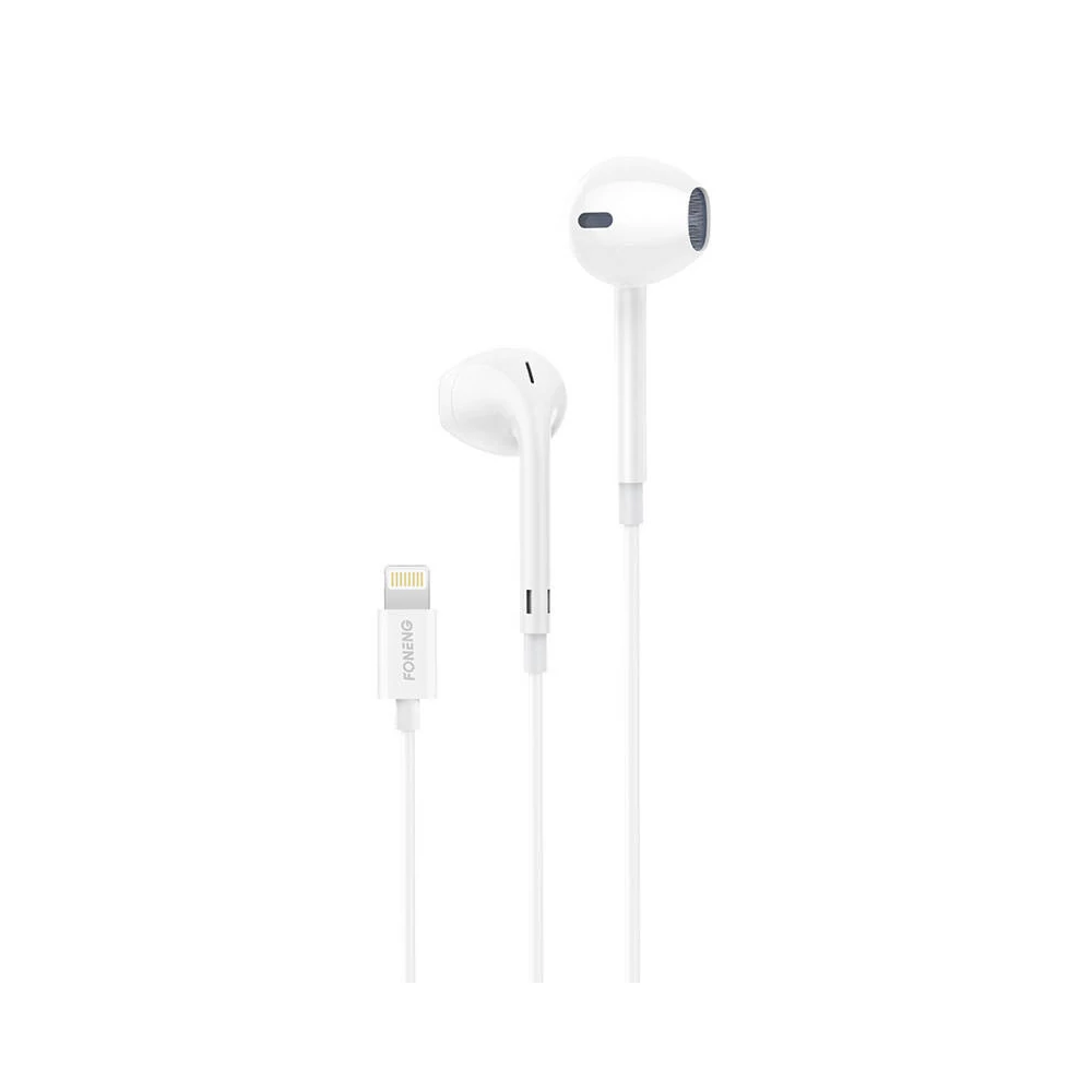 Foneng T28 in-ear, vezetékes fülhallgató, Lightning, távirányítóval (fehér)