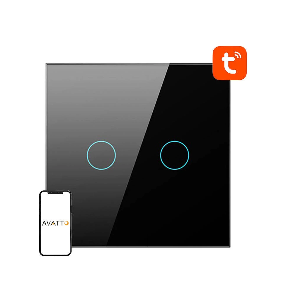 Smart Light Switch ZigBee Avatto LZTS02-EU-B2 2 Way No Neutral TUYA (black)