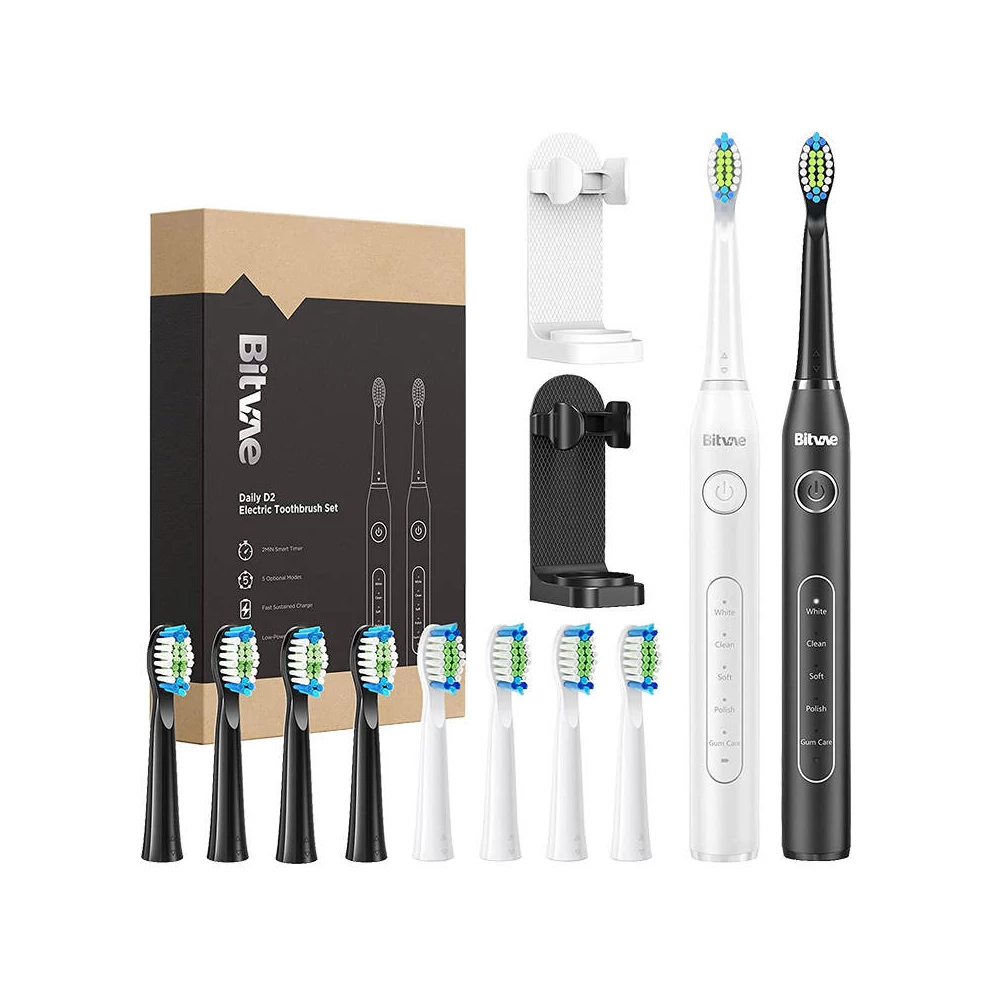 Sonic toothbrushes with tips set and 2 toothbrush holders Bitvae D2+D2 (white and black)