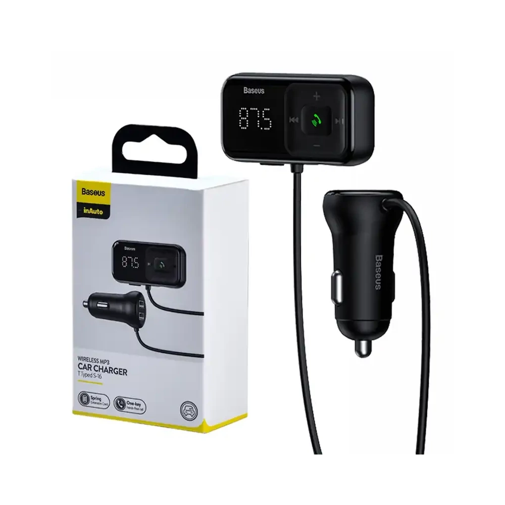 Baseus S-16 Autós Bluetooth MP3-lejátszó + töltő, T alakú, OS (fekete)