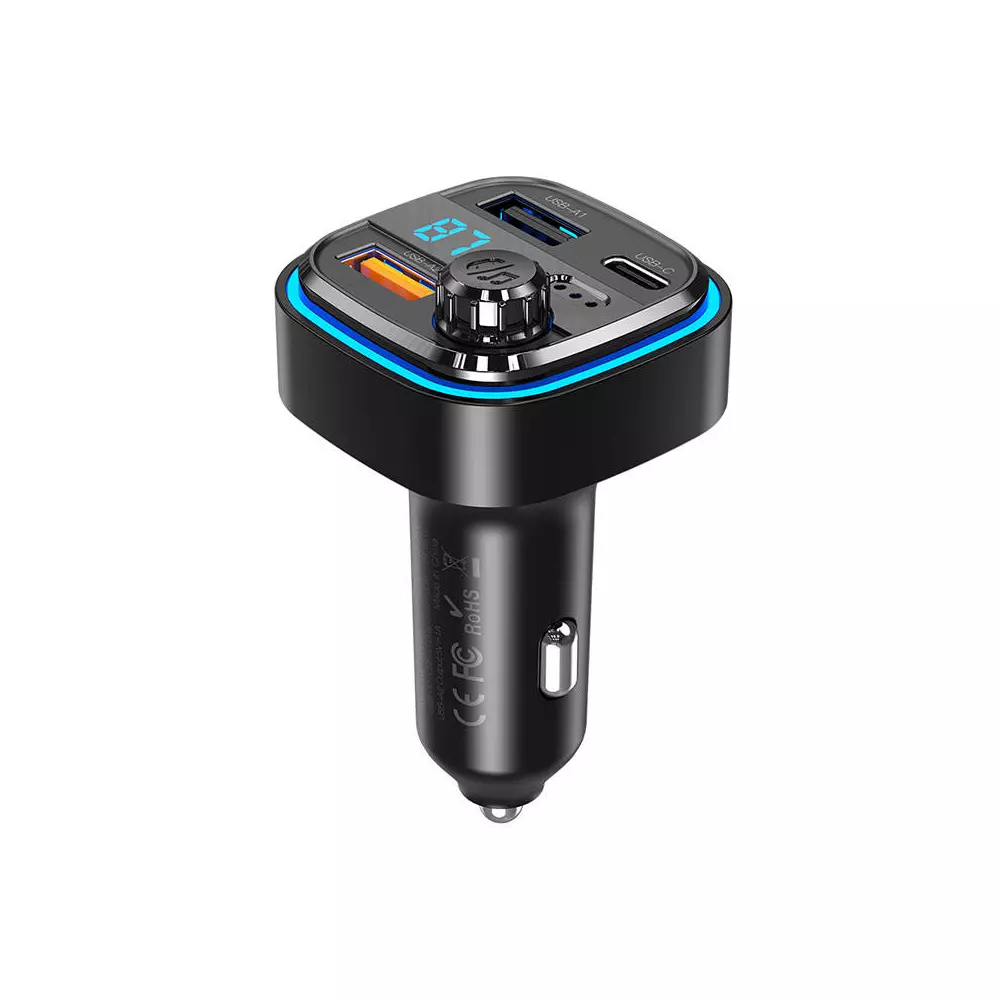 Car charger / FM transmitter XO BCC08 USB x2, USB-C, MP3, Bluetooth 5.0 15W (black)